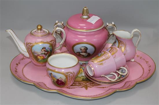 A Sevres style Pompadour pink tete à tete tea service tray 17in.